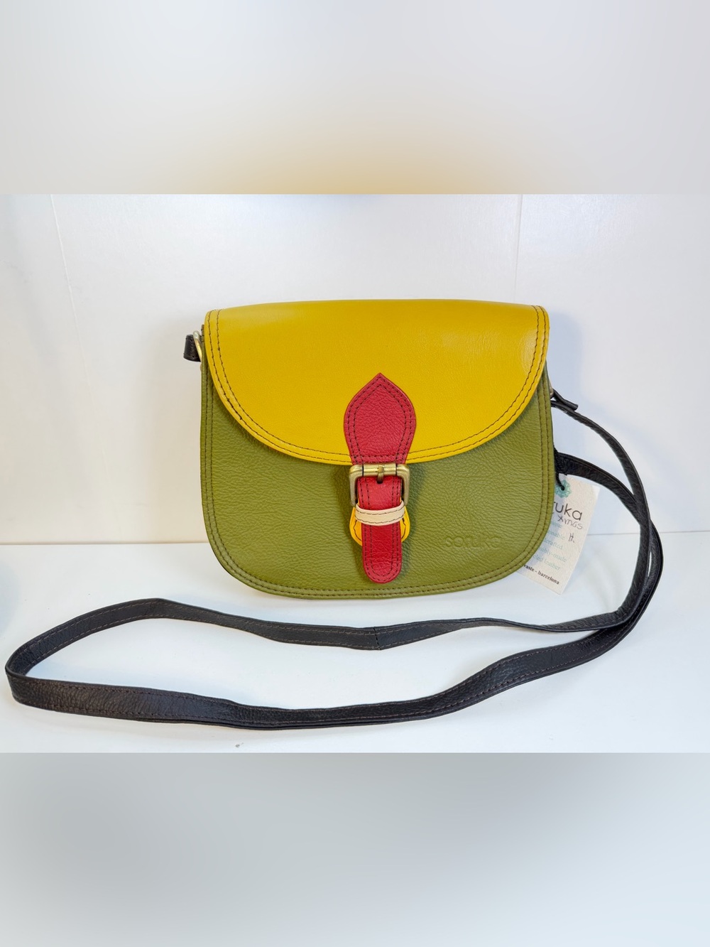 Soruka Colorblock Olive, Yellow & Red Leather Crossbody Bag